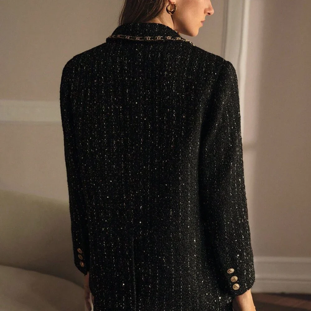 Black Elegant Women's Premium Tweed Sequins Double Breasted Placket Blazer